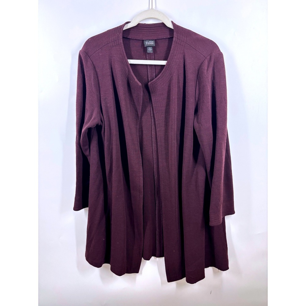 Eileen Fisher Burgundy Open Front Cardigan Italian Fabric Plum Mock Neck Large